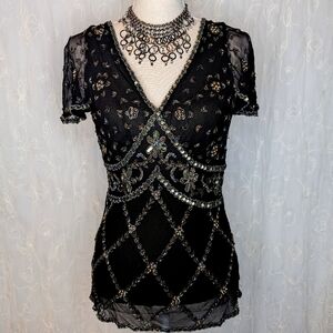 Adrianna Papell Elegant Black Embellished & Beaded Holiday Party Blouse